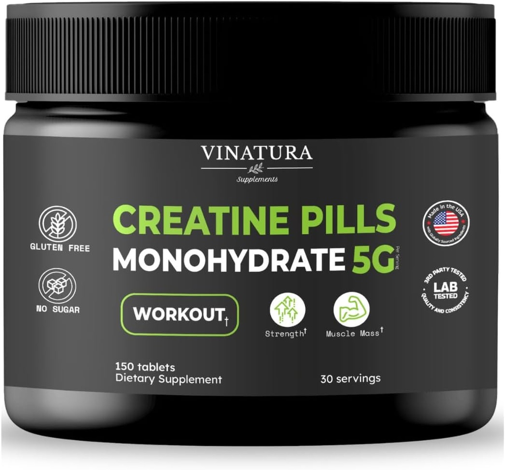 VINATURA Creatine Monohydrate Pills 5g - טבליות קריאטין, כדורי קריאטין לגברים, נשים, creatina en capsulas *USA Made & Tested * לא משועבד, אבקת מונוליטית קריאטין, 150 טבליות 30 משרתים