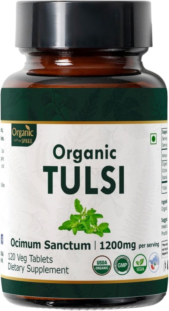 Tulsi 120 טבליות - USDA קדוש בזיל - תומך להקלה מתח והסתגלוגניזון.