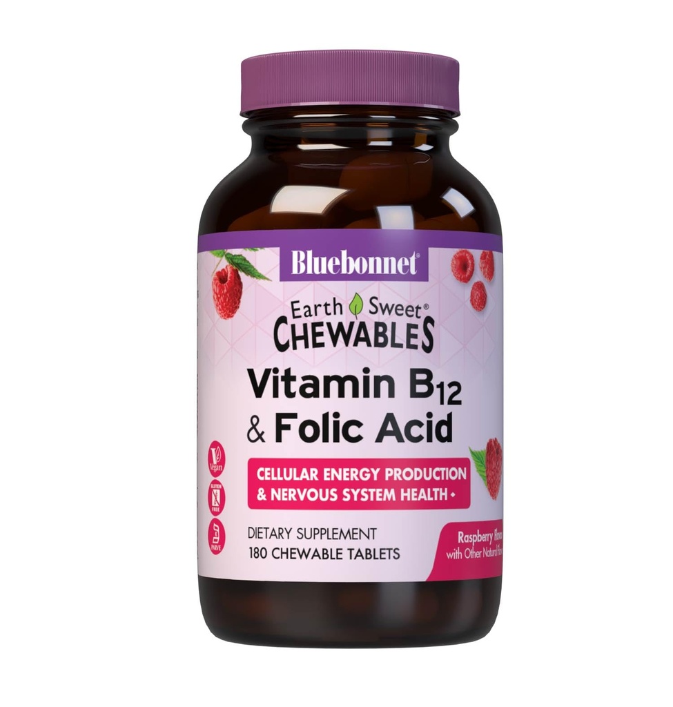 Bluebonnet Nutrition Earth Sweet ויטמין B12 1000 mcg & Folic Acid 400mcg Brain Health & Energy * ויטמינים לנשים & גברים - טבעוני, Gluten-Free Raspberry B 12 ויטמין - 180 טבליות Chewable