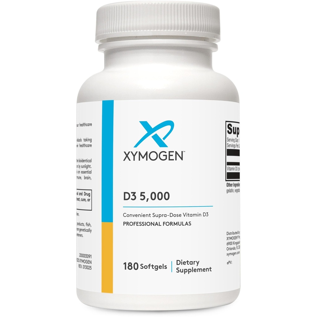XYMOGen D3 5000 - ויטמין D3 5000 IU (125 mcg) - ויטמין D גבוה לצריכת בריאות החיסון, העצם + בריאות הלב (180 Softgels)