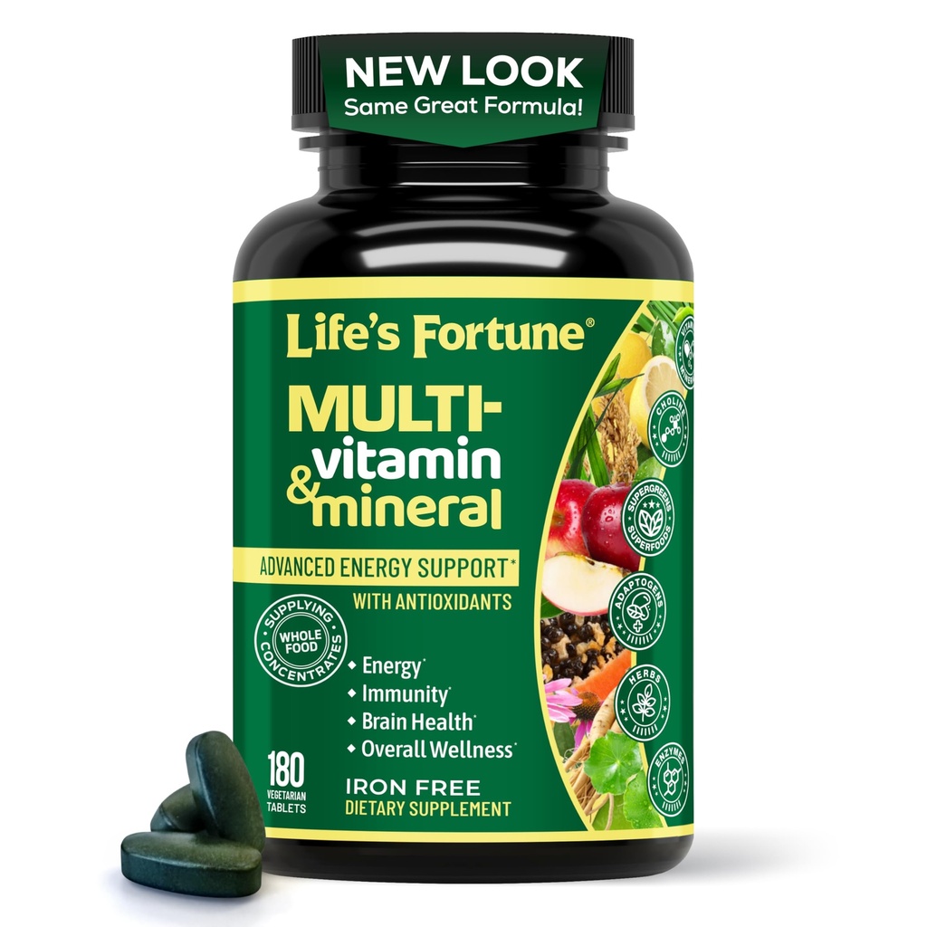 Life's Fortune Whole Food Multivitamin & מינרלים, Advanced Energy Support Supplement, Daily Wellness for Men & Women, Amino Acids, Biotin, 180 טבליות צמחוניות