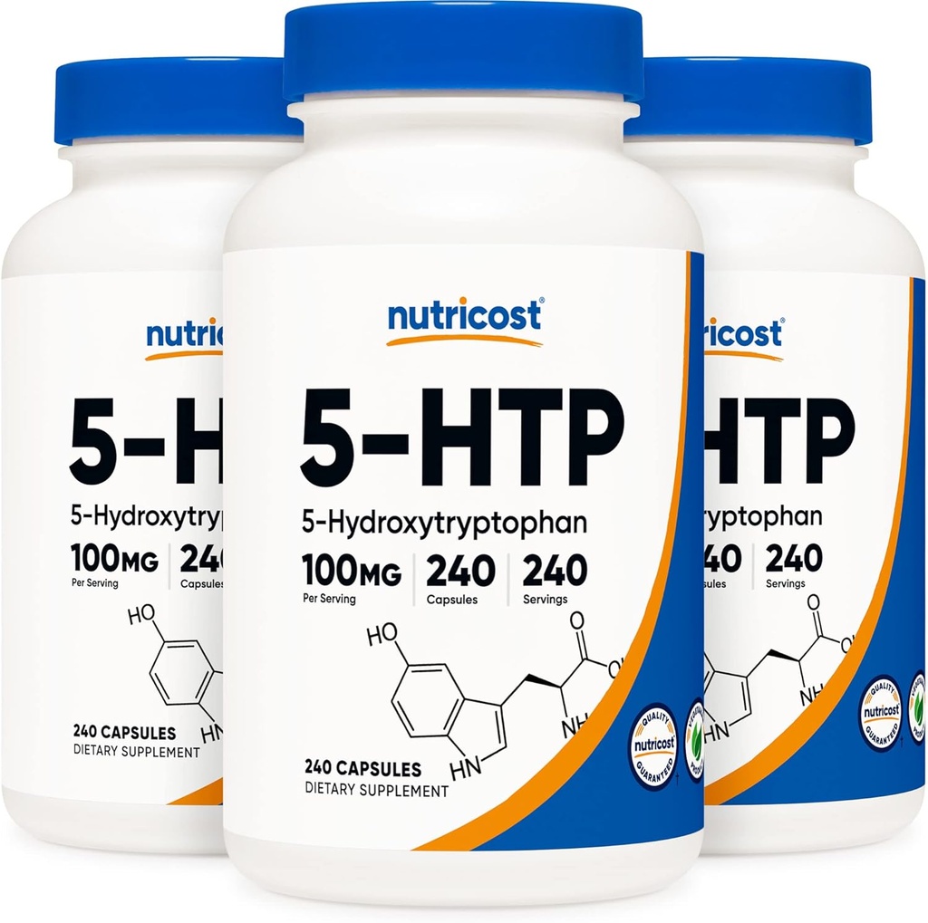 מזון מזינים 5-HTP 100 מ"ג, 240 קפסולות צמחוניות (5-Hydroxytryptophan) - Non-GMO & Gluten חינם (3 בקבוקים)