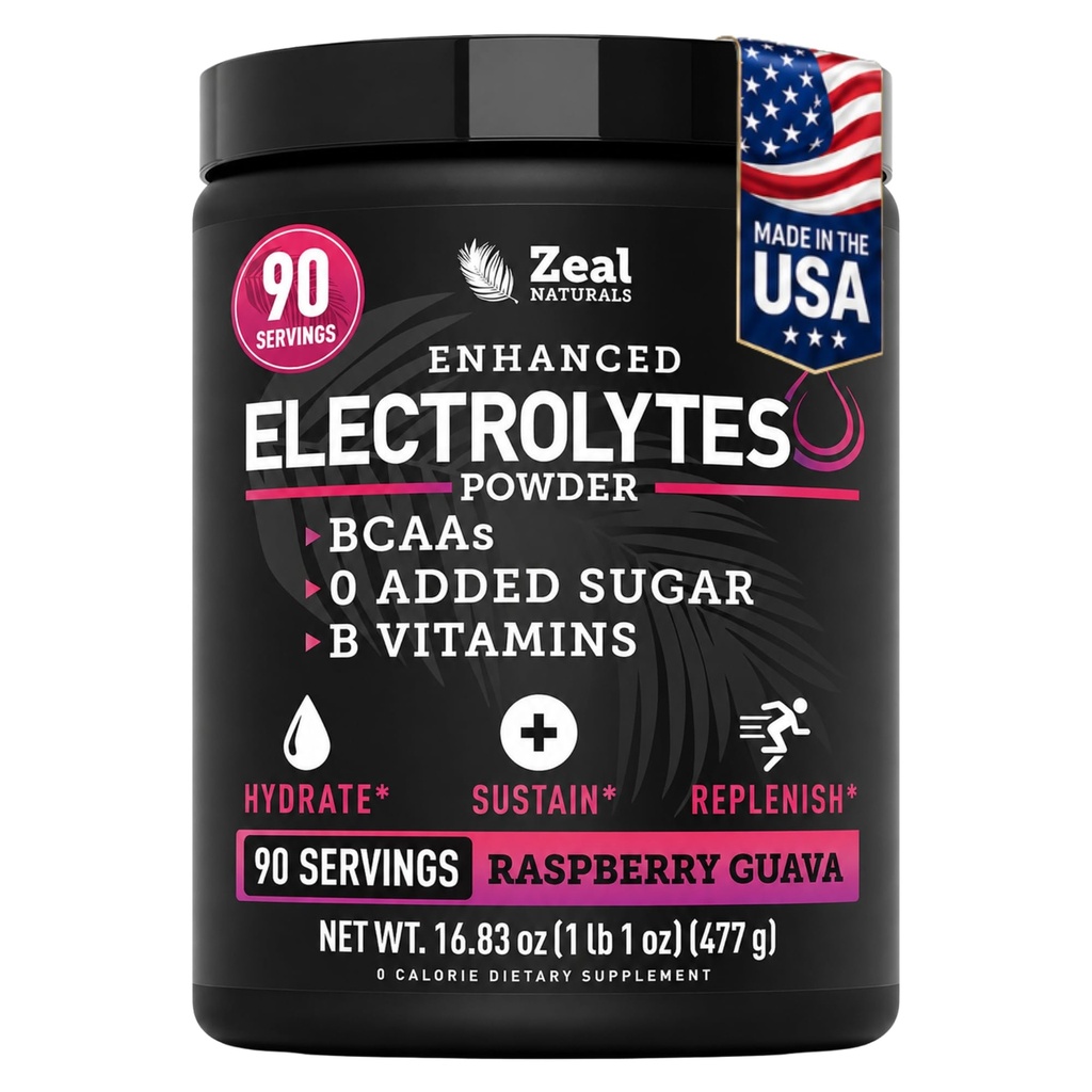 Zeal Naturals Electrolyte אבקת Recovery לשתות (90 מנות | Raspberry Guava) w 0 Sugar +BCAAs +B-Vitamins Electrolyte תוסף w Potassium Zinc & Magnesium עבור הידרה - Keto Electrolytes