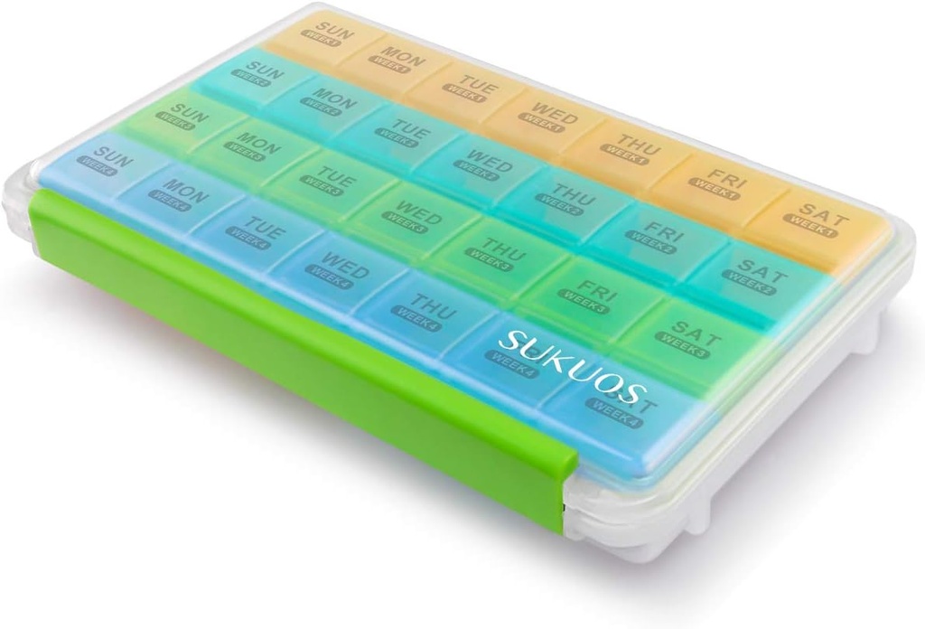 Sukuos Monthly Pill מארגנת 28 יום קל לפתוח, גדול Moisture-Resistant Pill Box Cases with Dust-Proof Box ו- Clear Lid עבור ויטמין/Fish Oil/Supplements