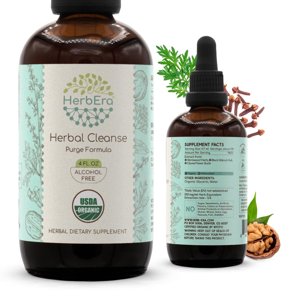 HerbEra Herbal נקה אורגני אלכוהול חינם טיקטור | Detox וניקוי פורמולה, לחלץ תוסף | אורגני Wormwood Herb, Black Walnut Hull, Cloves Flower Buds | Purge Extracts (4 oz)