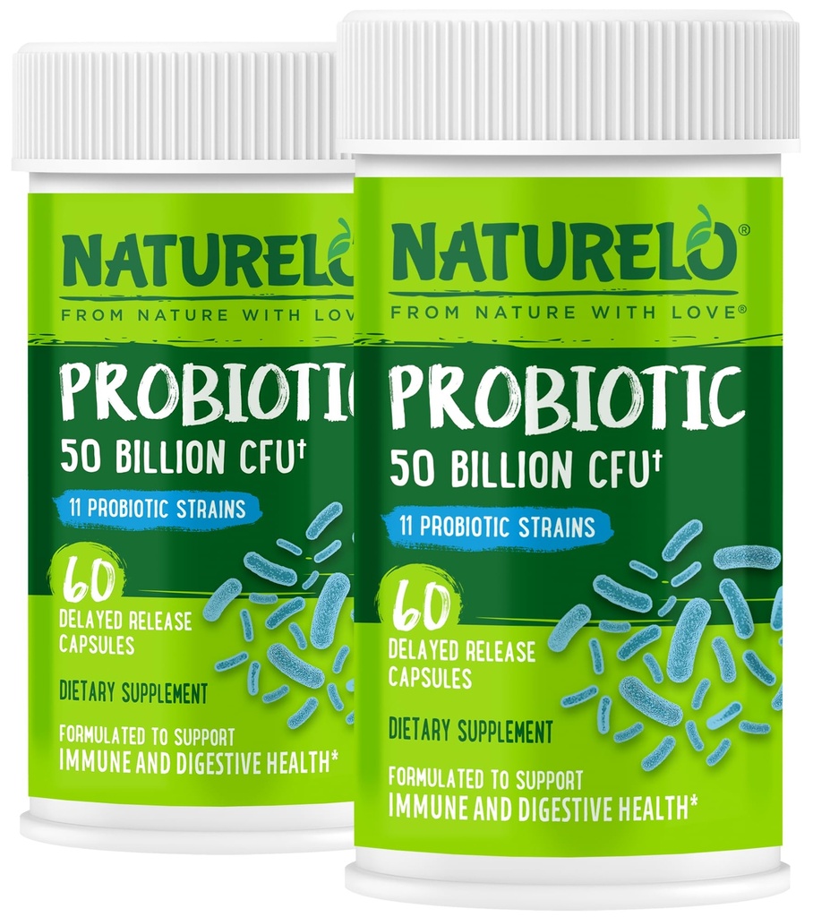 NATURELO Probiotics for Digestive Health - 50 מיליארד CFU, 11 Strains, Daily Use Supplement - Boosts Immune System, נדחה, No-Fridge, 60 קפסולות צמחוניות (Pack of 2)