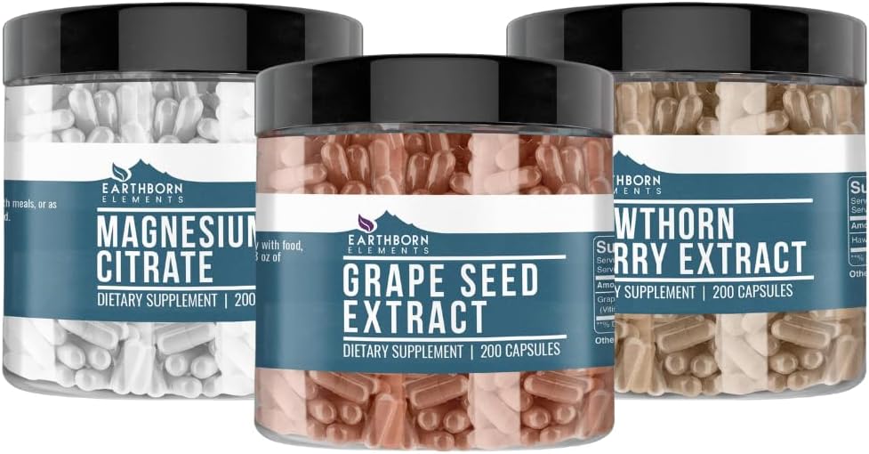 Earthborn Elements הות'ורן ברי, Grape Seed, & Magnesium Citrate Bundle (200 כובעים), Pure & Undiluted, No Additivesives
