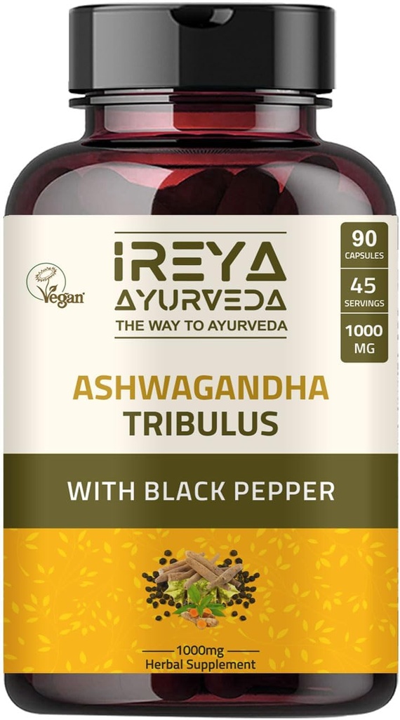 Ashwagandha כמוסות אורגני 1000 מ"ג (90 קפסולות) נוצר עם Tribulus Terrestris, Shatavari ו Black Pepper אורגני Ingredients.