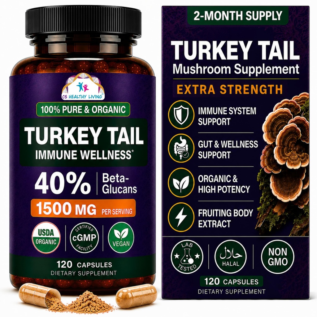CanceR SCIENCES טורקיה Tail Wellness Mushrooms תוסף, USDA Certified Organic Extract, תוספת כוח 1,500 מ"ג, בטיחות גבוהה 40% Beta-Glucans, Gut & Immune Support, Natural Digestive, 120 קפסולות