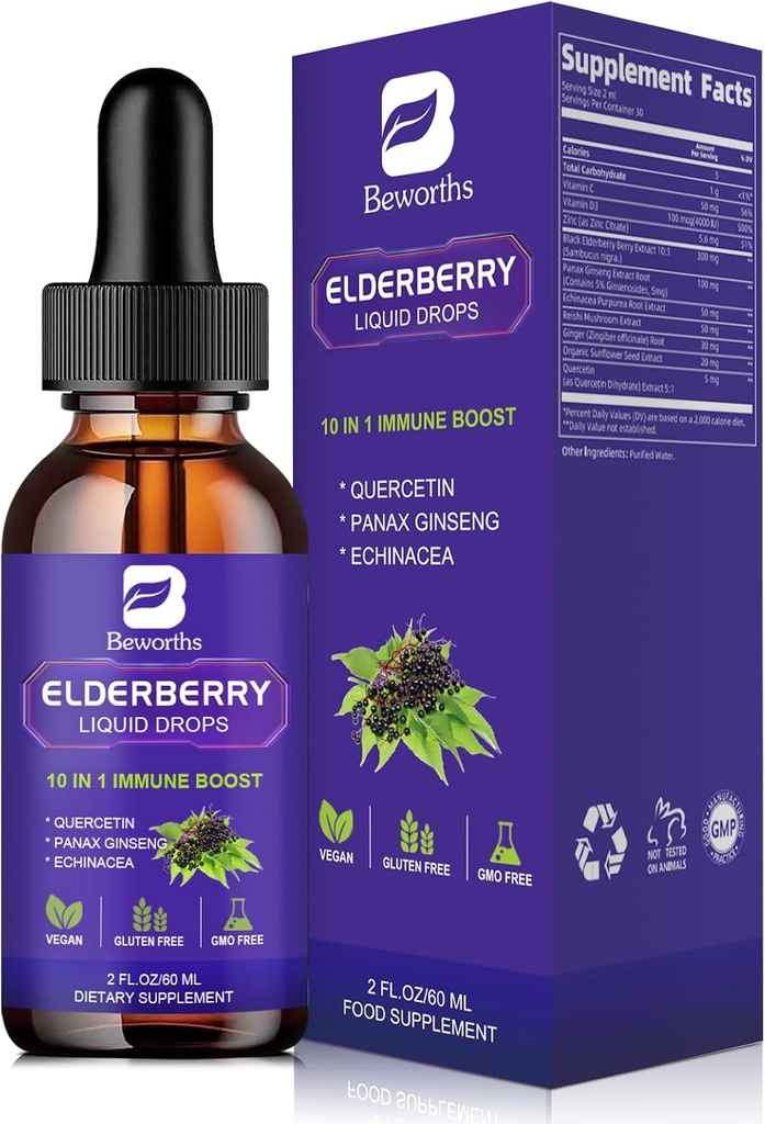 Elderberry Syrup | Quercetin Black Elderberry נוזל טיפות עם Quercetin, Panax Geneseng for Immune Support