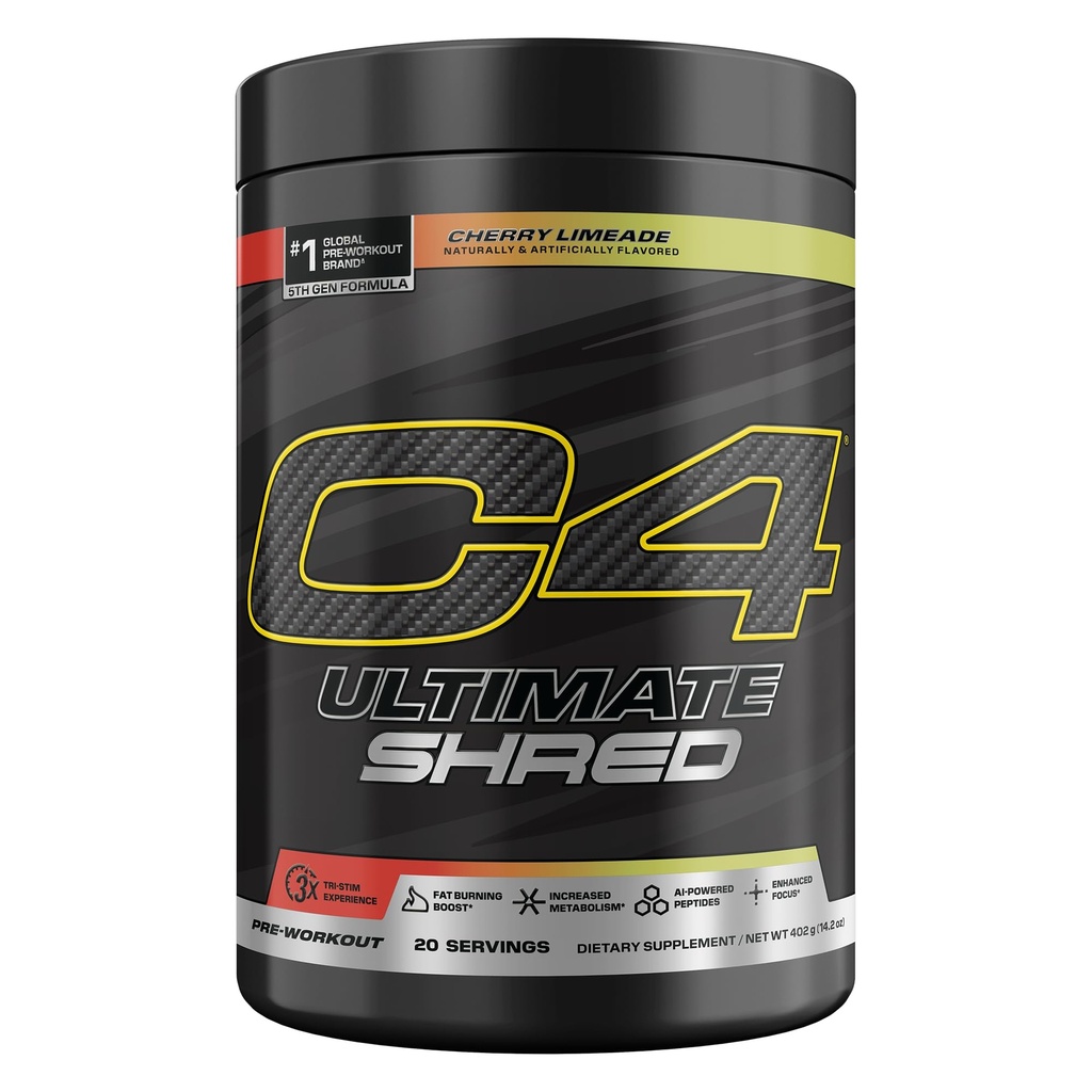 Cellucor C4 Ultimate Shred Pre Workout אבקה, תוסף Metabolism עם קייאן פלט +300 מ"ג Caffeine+TeaCrine+Dynamine - Cherry Limeade, 20 משרתים