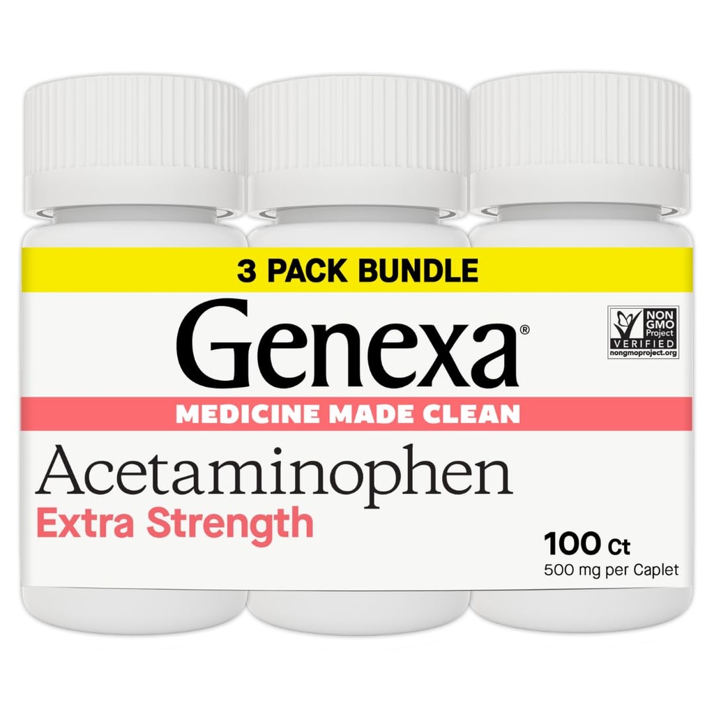 Genexa ניקוי Acetaminophen 500 מ"ג כוח נוסף, Dye Free Pain Reliever Fever צמצם, 0% Artificial Additives, Pain Medicine for Adults, Relieves Headache, Backache, Minor Arthritis כאב, 300 טבליות