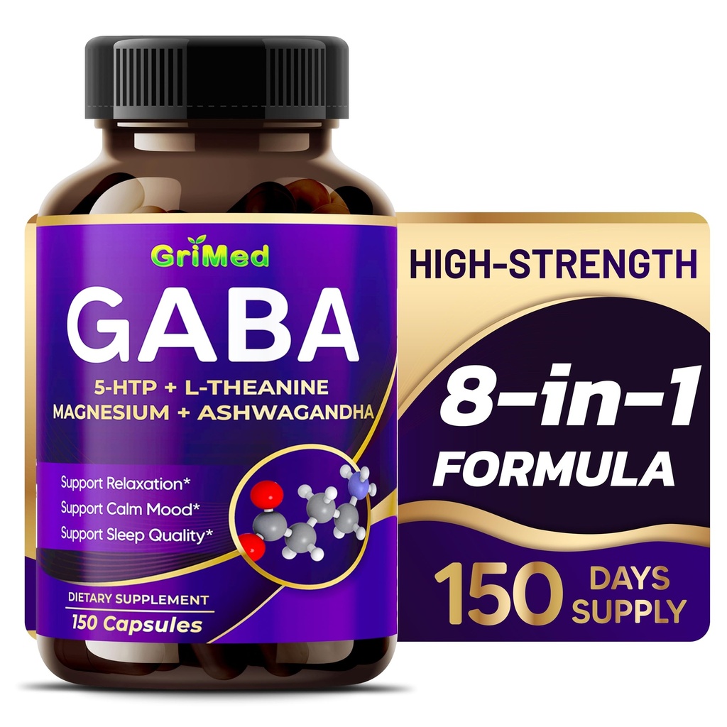 GriMed GABA 16,280mg - X15 Power עם 5-HTP, L-theanine, Magnesium, Ashwagandha - להירגע לשחזר, תמיכה שינה טוב - Made בארה"ב (150 Count (Pack של 1))