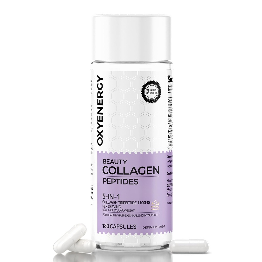 OxyEnergy Collagen Peptides Capsules for Women, 1100mg Hydrolyzed Collagen Tripeptides(Type III) Supplements with Biotin and Vitamin C, 180 Collagen Pills to Promotes Hair, Nail, Skin, 2 Months Supply