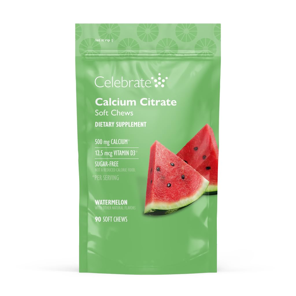 חוגגים ויטמין Bariatric 500 מ"ג Calcium Citrate Chews עם 500 IU ויטמין D3 - Essential for Gastric Bypass חולים & Bone Health - Sugar & Gluten Free, Melon (90 Chews)