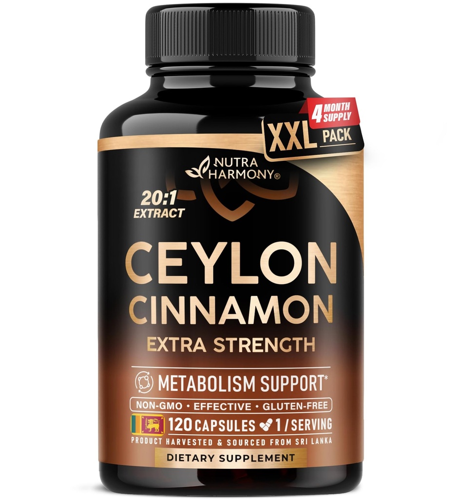 קפסולות Ceylon Cinnamon - כוח נוסף - אנרגיה, לב ומטבוליזם תמיכה - עבור גברים ונשים - תמצית טבעית טהורה 20:1 - מיוצר בארה"ב - GMO &ten חינם, 120 קפסולות, 4 חודשים אספקה
