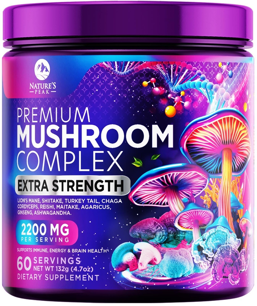 אבקת תוסף Mushroom 2200 מ"ג - 11 באבקת פורמולה מורכבת אחת עם אריה אורגני מאן, Reishi, Cordyceps, Chaga, טורקיה Tail Mushroom תוספת עבור זיכרון ותמיכה במוח - 60 משרתים