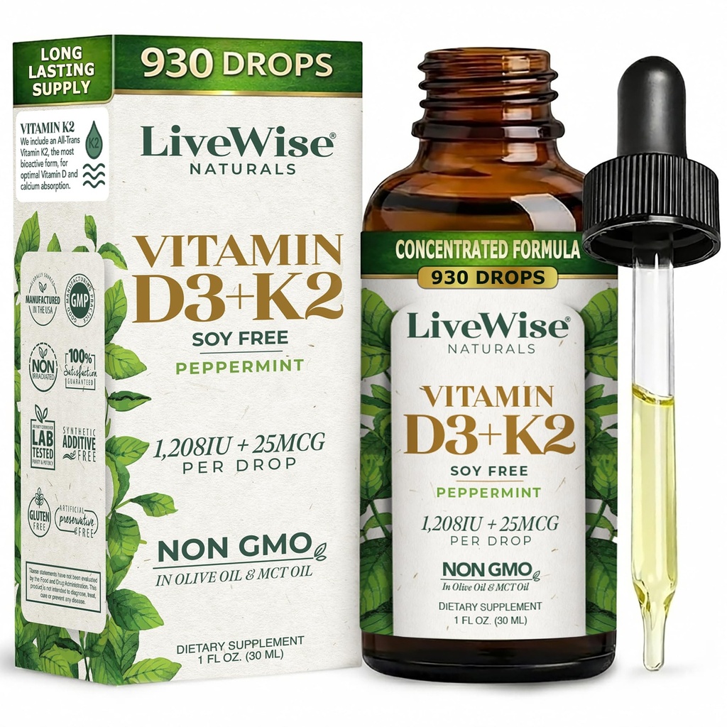 LiveWise Naturals ויטמין D3 עם K2 נוזל טיפות, כל טבעי, non-GMO, ארה"ב Made, 1208 IU ויטמין D3 ו 25 mcg K2, תומך בבריאות העצם ורמות אנרגיה, מבולבל עם Pepperנט, אוליב ו- MCT שמן שמן שמן שמן שמן שמן