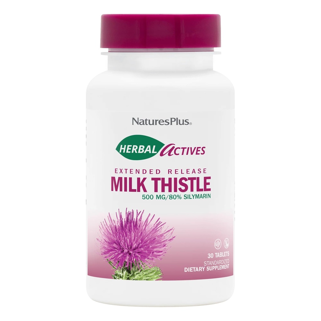 Natures Plus Herbal Actives Milk Thistle, Extended Release - 500 מ"ג, 80% Silymarin, 30 טבליות Vegetarian - Gluten-Free - 30 משרתים