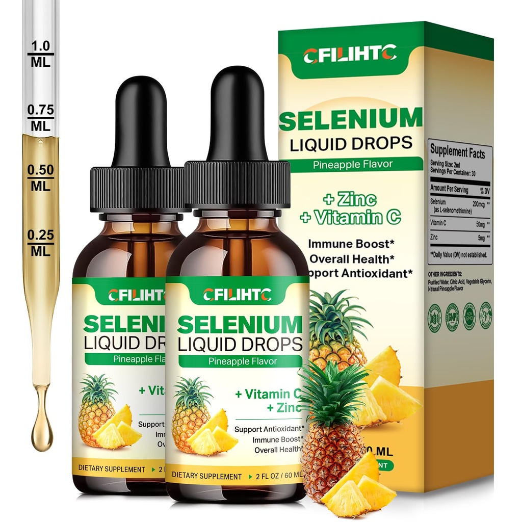 2 Pack Selenium נוזל טיפות, 200mcg נוזל סלניום תוספת עם ויטמין C & Zinc, תמיכה במערכת החיסון, אנטיoxidant & Heart Health, High Absorption, Pineapple Flavor