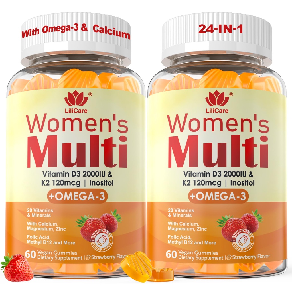 נשים Multivitamin Gummy עם אומגה 3(DHA / EPA), ויטמין D3 K2, Calcium, Inositol, Daily Womens A C E B Complex, L-MethylFolate, Methyl B12,Sugar חינם Methylated Multivitamins מינרלים, 120Cts