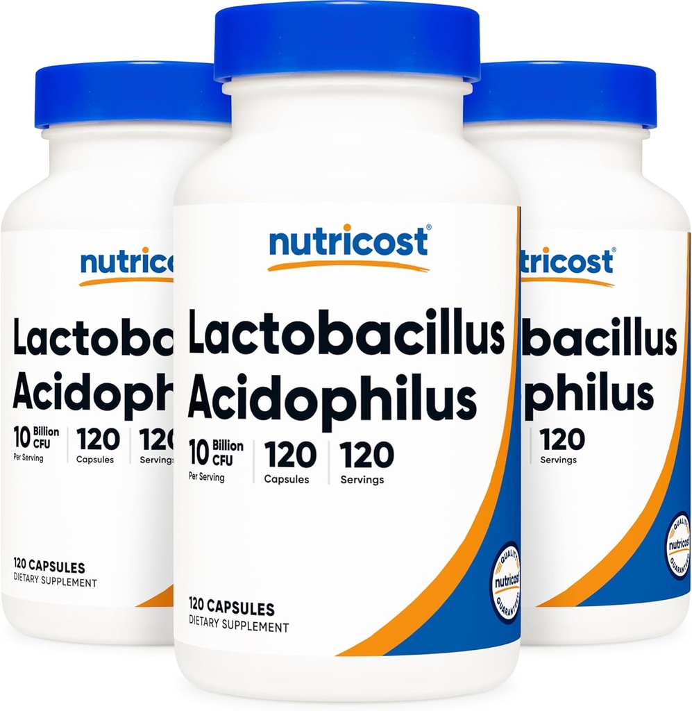 חומרים מזינים Lactobacillus Acidophilus 10 מיליארד CFU, 120 קפסולות Veggie - פרוביוטיקה (3 בקבוקים)