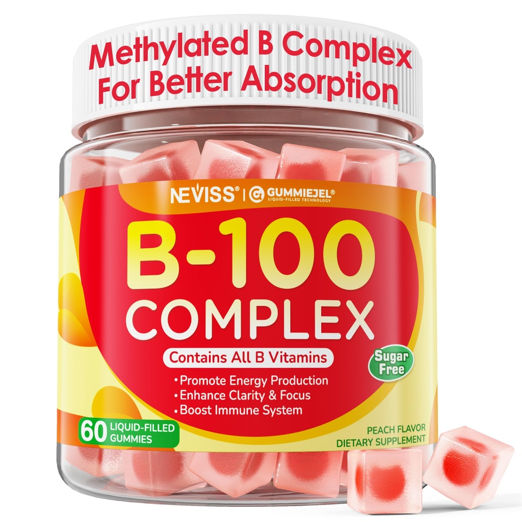Super ויטמין B Complex Gummies - All B ויטמינים כולל Methyl B12, B1, B2, B3, B5, B6, Biotin, Methylfolate עם ויטמין C, Choline, Inositol, PABA לאנרגיה, Brain & Immune תמיכה, סוכר חינם, סוכר חינם, סוכר חינם.