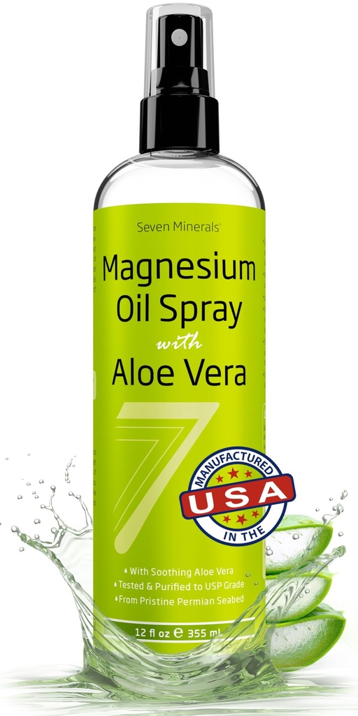 7 מינרלים שמן מגנזיום טהור Spray עם Aloe Vera 12oz - פרמצבטית (USP) כיתה, כוח גבוה יותר עם הקלה מיידית עבור רגליים, שינה, כאבי שרירים ו Cramps - Mined בארצות הברית