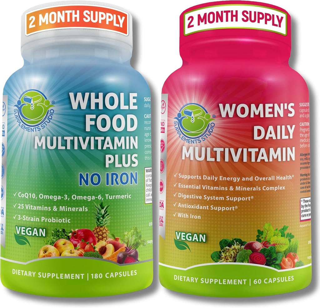 תמיכה ב- Multi-System של נשים - Whole Food Multivitamin Without Iron + Women's Daily Multivitamin with Iron - טבעוני, Non-GMO, תמיכה ב-Daily