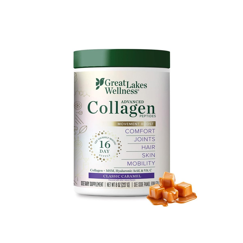 Great Lakes Wellness Movement Boost Advanced Collagen Peptides אבקת עם MSM, Hyaluronic Acid, ויטמין C - ניידות משותפת ונוחות - Carmel Flavored - Non-GMO, Keto, כשר - 8 ozozod
