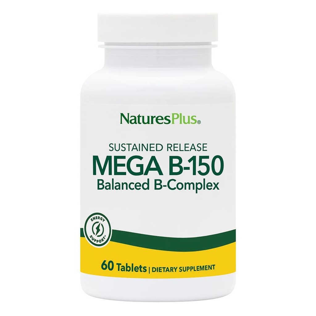 Natures Plus Mega B150 Complex, Sustained לשחרר - 60 טבליות צמחוניות - תוספי ויטמין B מורכבים ויטמין תוסף - Gluten-Free - 60 משרתות