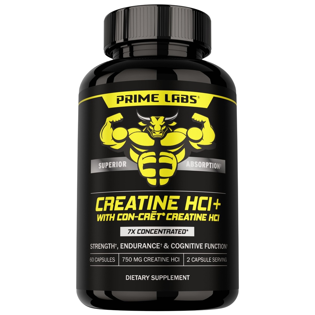 פריים מעבדות Creatine HCl כמוסות - עם CON-CRĒT®, Rhodiola Root Extract, & L-theanine - תמיכה שרירים, אנדורנס, תפקוד קוגניטיבי - עבור גברים ונשים - 60 גלולות
