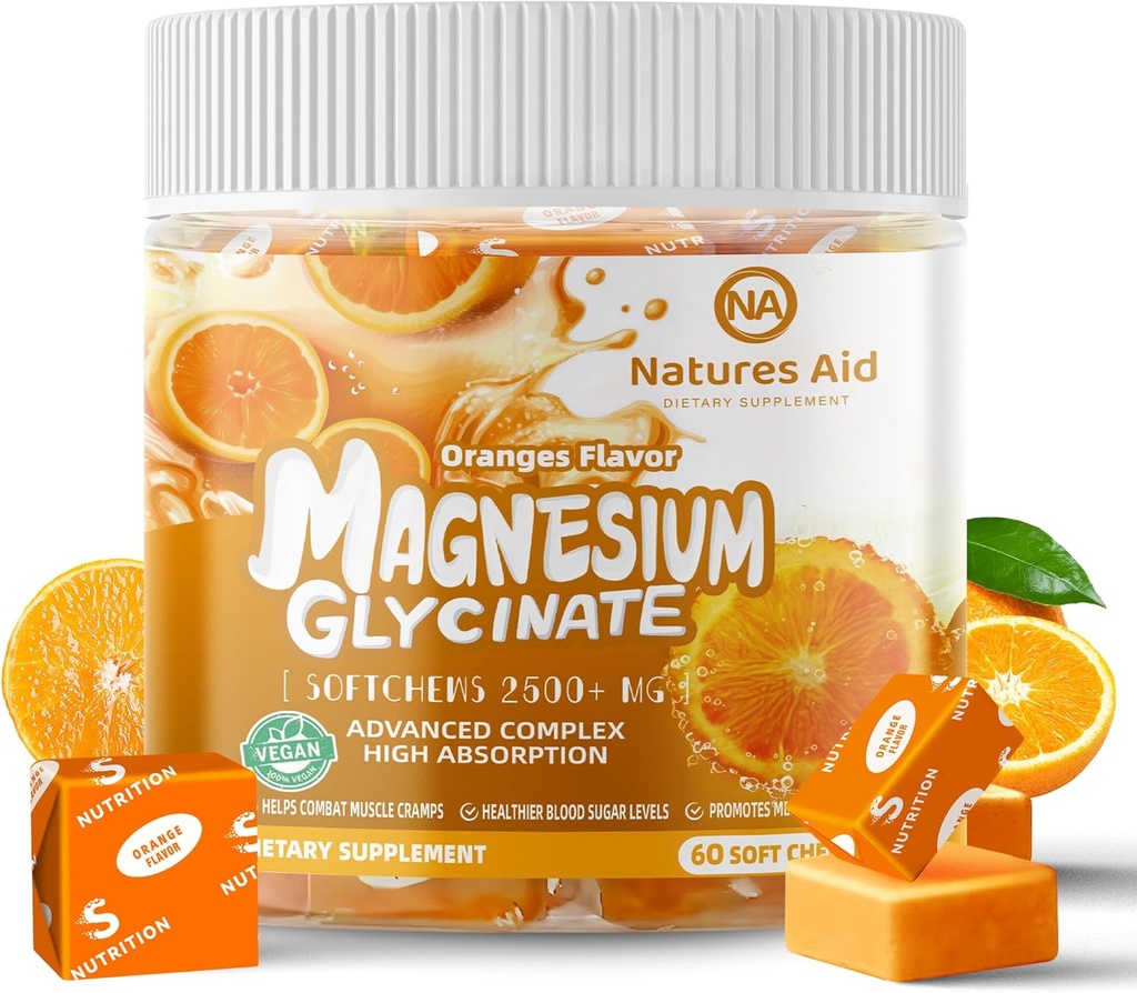 Magnesium Glycinate Soft Chews תוסף, chewable Sugar חינם Potassium Magnesium Chews עם Magnesium Glycinate, ויטמין D, B6, ו- CoQ10 עבור תמיכה ושינה עבור מבוגרים, 60 ימים אספקה-Orange
