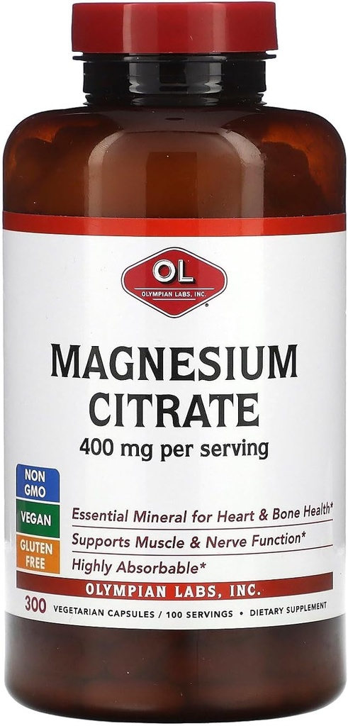 אולימפיה מעבדות Magnesium Citrate 400 מ"ג - 300 קפסולות - Easy Absorbable, תומך עצמות בריאות, לב בריא וקלציום Absorption