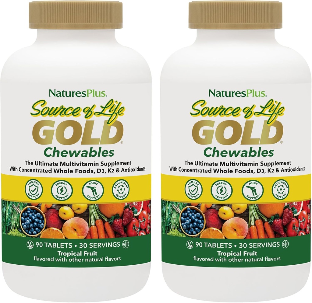NaturesPlus Source of Life Gold Multivitamin - 90 טבליות Chewable, Pack of 2 - עם ויטמין D3, B12, K2 & יותר מ-120 Whole Foods - Blood, Bone & Immune Support - Gluten Free - 60 המשרתות הכוללות