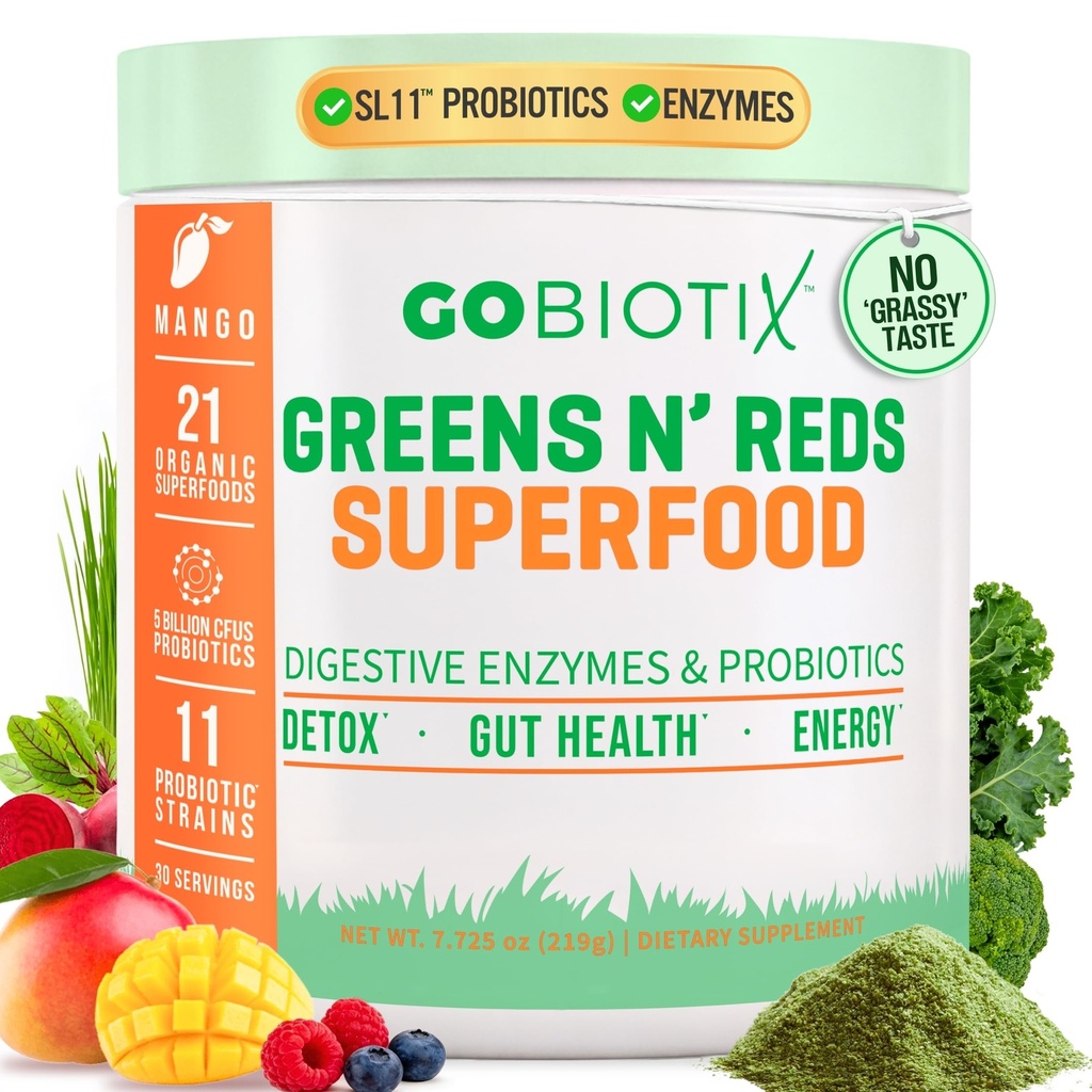GoBIOTIX Super Greens ו- Reds אבקת - Red and Green Superfood - Probiotic תוסף Probiotic Enzymes and Beet Rootאבק - אורגני Whole Foodsary תוסף (Mango, 1 Pack)