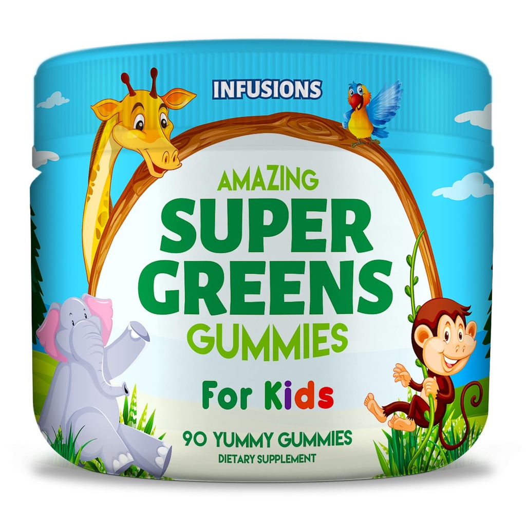 Infusions Super Green Gummies for Kids 90 Superfood Booster Soft and Delicious 8 Powerful בלנדרים טבעוניים ידידותיים Gluten Free & Non-GMO