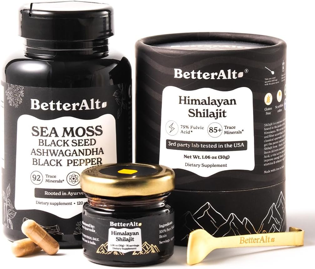 Better Alt Shilajit Resin 30 gm & Sea Moss קפסולות אנרגיה Duo טהור Hilajit זהב כיתה עבור גברים ונשים עם כוח גבוה וים אירי מוs עם שמן שחור Seed שמן