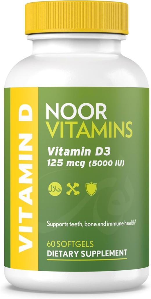 Noor Vitamins Halal Vitamin D, Halal Vitamin D3, 5000 IU Softgels, Supports Bone, Immune & Heart Health, from Safflower Oil to Maximize Absorption, Non-GMO, Gluten Free & Halal (60 Count)…
