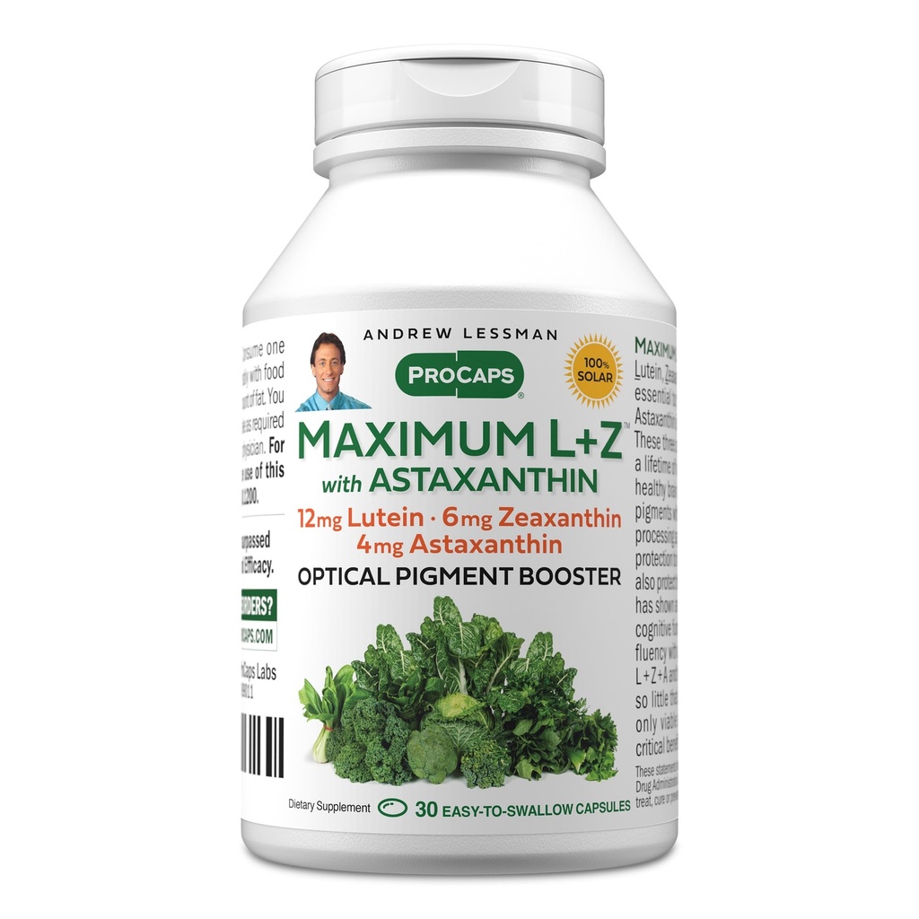 ANDREW LESSMAN מקסימום L+Z עם Astaxanthin 30 Softgels - 12 מ"ג Lutein, 6mg Zeaxanthin, 4mg Astaxanthin. חומרים מזינים מרכזיים לתמיכה בבריאות העיניים והמוח, ולקדם חזון בריא.