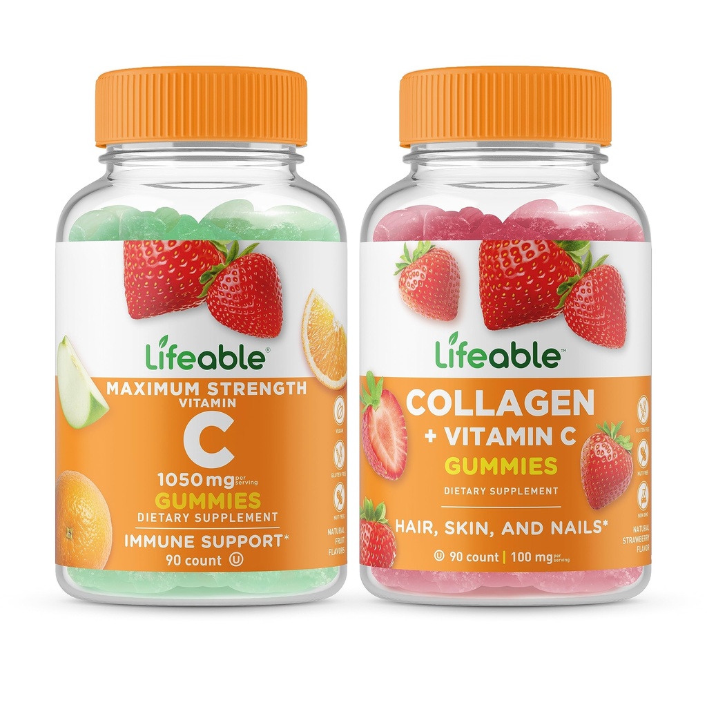 ויטמין C 1050 + Collagen & ויטמין C, Gummies Bundle - גדול Tasting, ויטמין תוסף, Gluten Free, GMO חינם, Chewable Gummymy