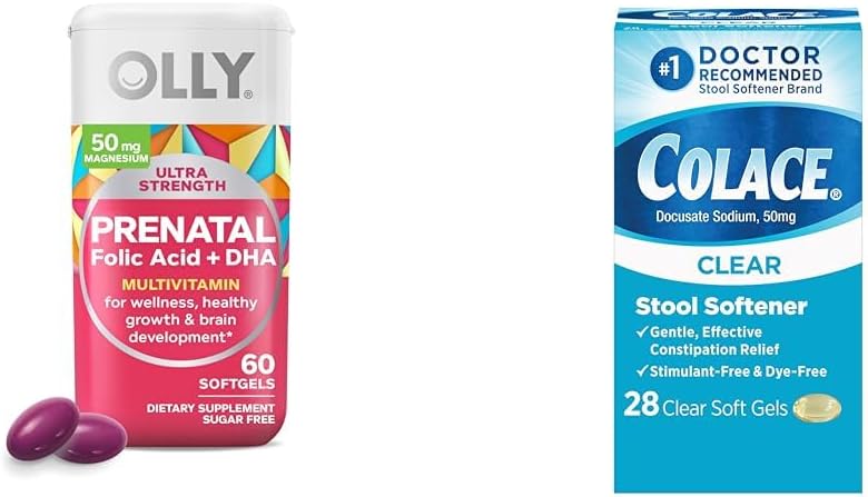 OLLY Ultra Power Prenatal Multivitamin Softgels עם תמיכה בפיתוח המוח + Colace Clear Stoolener קפסולות, 28 Count Count Count