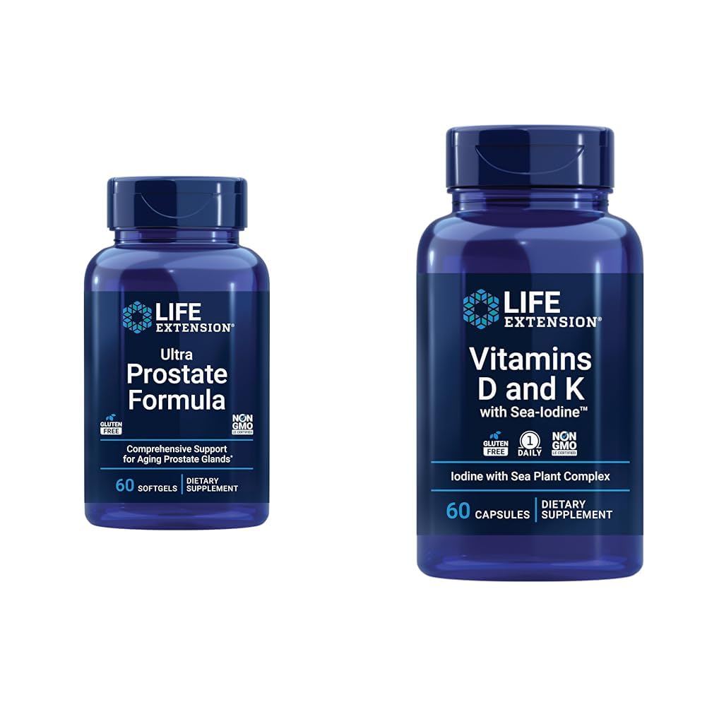 Life Extension Ultra Prostate Formula, Saw Palmetto for Men, pygeum, sting Nettle & ויטמין D ו-K עם Sea-Iodine, ויטמין D3, ויטמין K1 ו-K2, Iodine