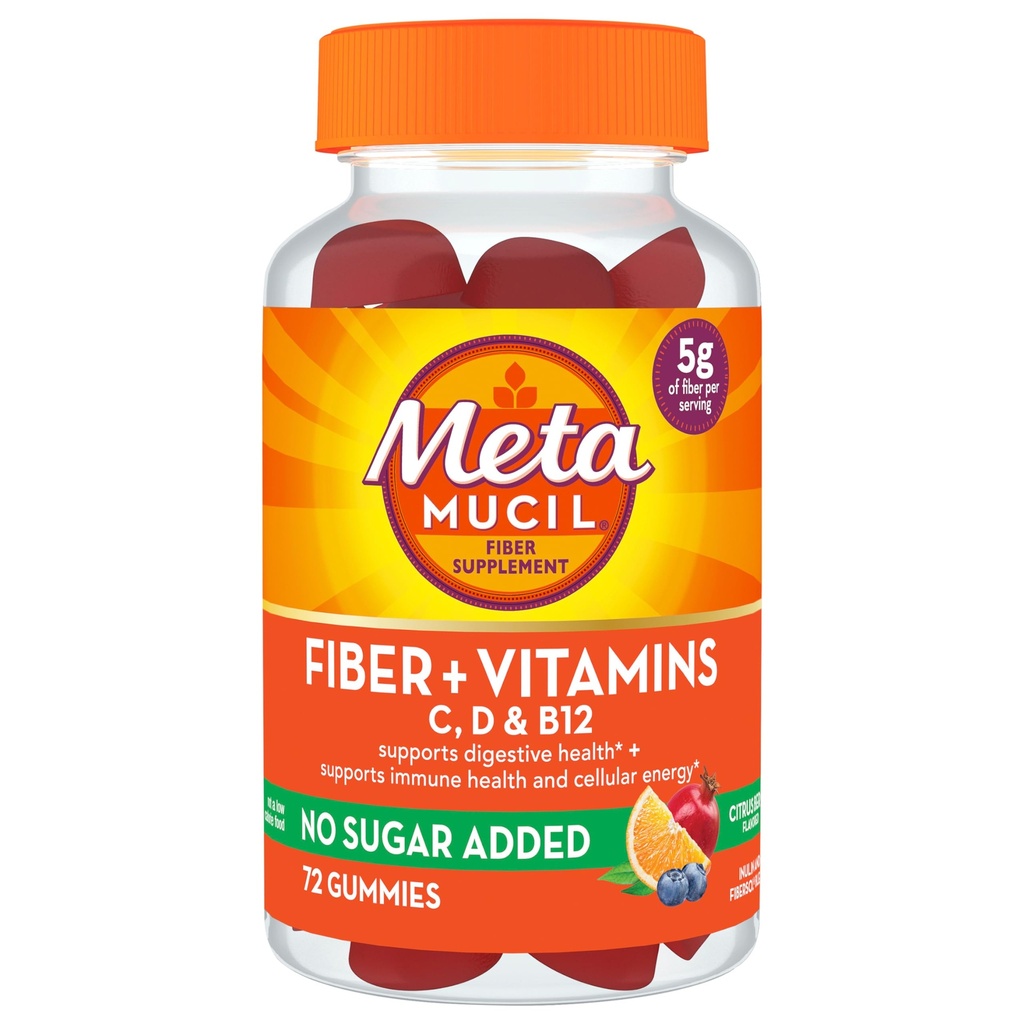 Metamucil סיבים Suplement 72 חניכיים, סיבים + ויטמינים C,D & B12 ללא תוספת סוכר, תמיכה Healt + תמיכה Immune Health, Citrus Brad Flavor.