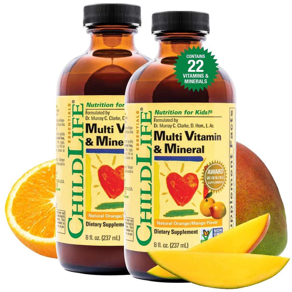 ChildLife Essentials Kids Multivitamin & Mineral - Vitamins for Kids, Liquid Multivitamin Supplement for Toddler & Baby Wellness - Natural Orange & Mango Flavor, 8 Fl Oz (Pack of 2)