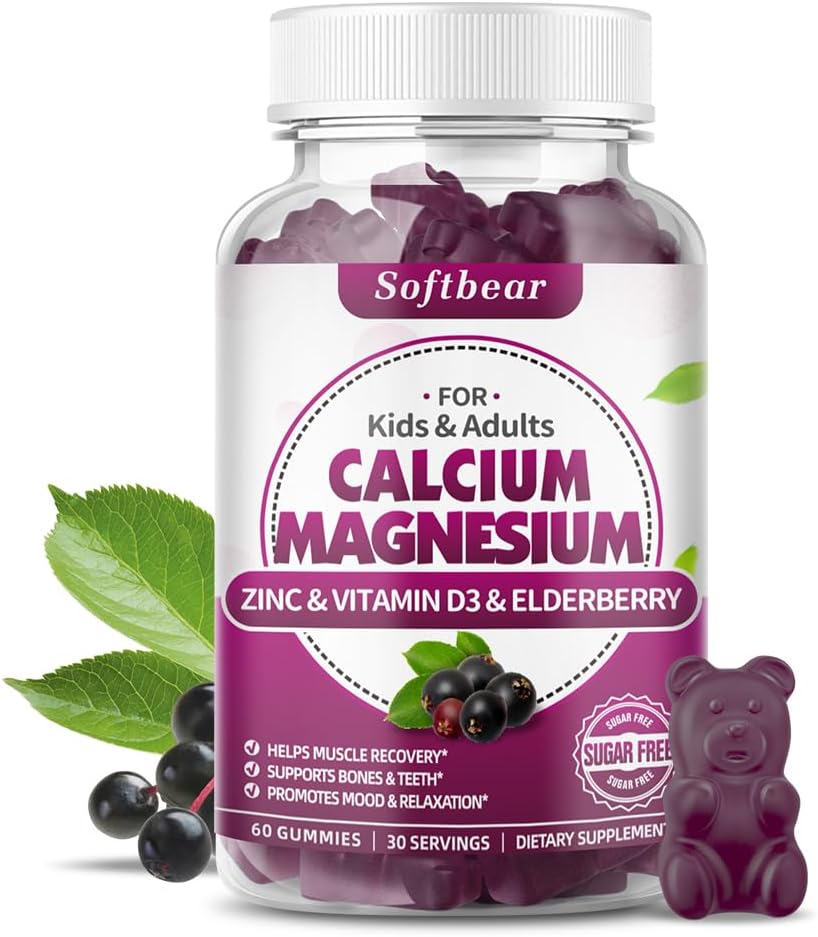 Softbear Calcium Magnesium Zinc Gummies לנשים, High Absorption Calcium Magnesium תוסף עבור כוח העצם, סוכר חינם, טבעוני, Elderberry Flavor 60 חניכיים