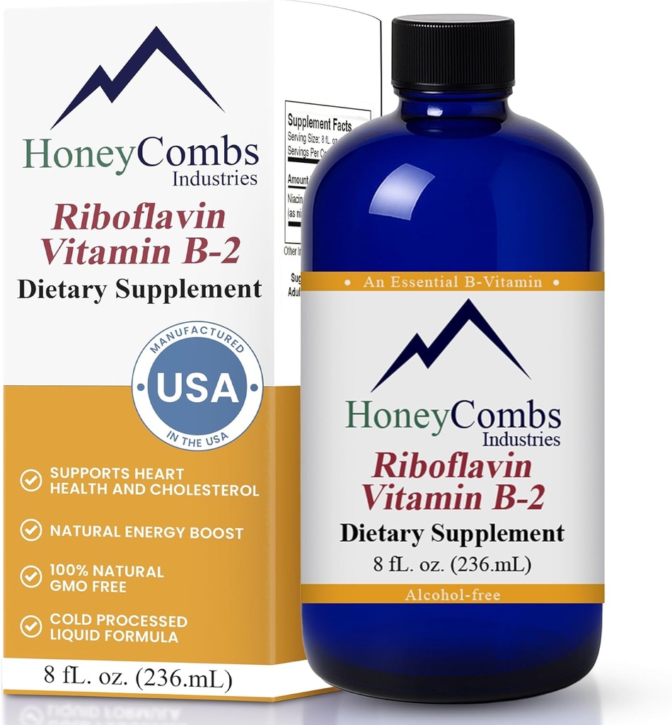 HoneyCombs ויטמין B2 Riboflavin תוספת נוזל טיפות - ויטמין B2 עבור גברים ונשים - לשמור על בריאות העיכול, מערכת העצבים, שיער, עור, ציפורניים - ויטמינים נוזלי טבעוני (8 Fl oz)