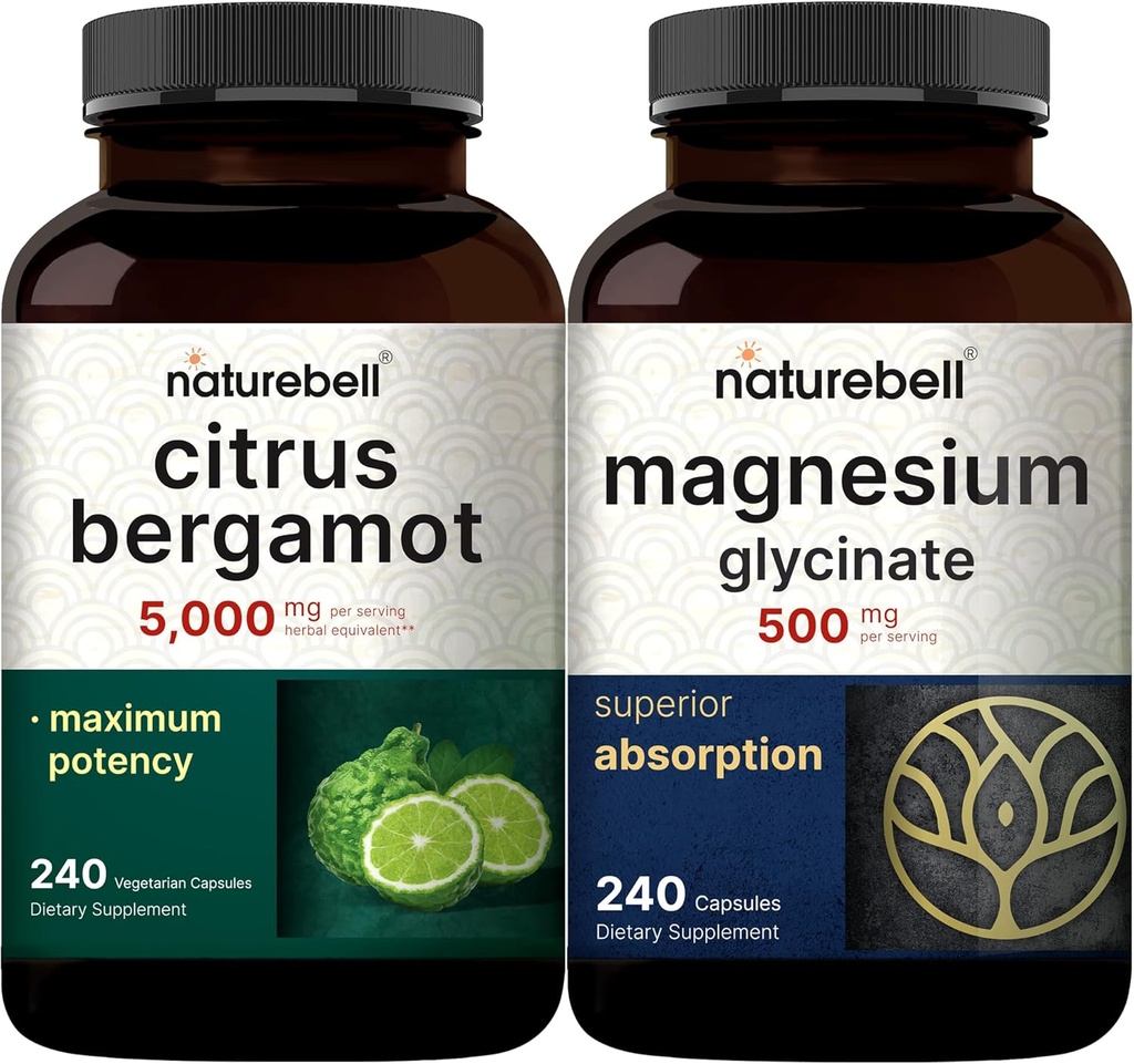 NatureBell Magnesium Glycinate קפסולות 500 מ"ג ו Citrus Bergamot Veggie קפסולות 5000 מ"ג Equivalent Bundle Pack | Chelated & Purified מינרלים