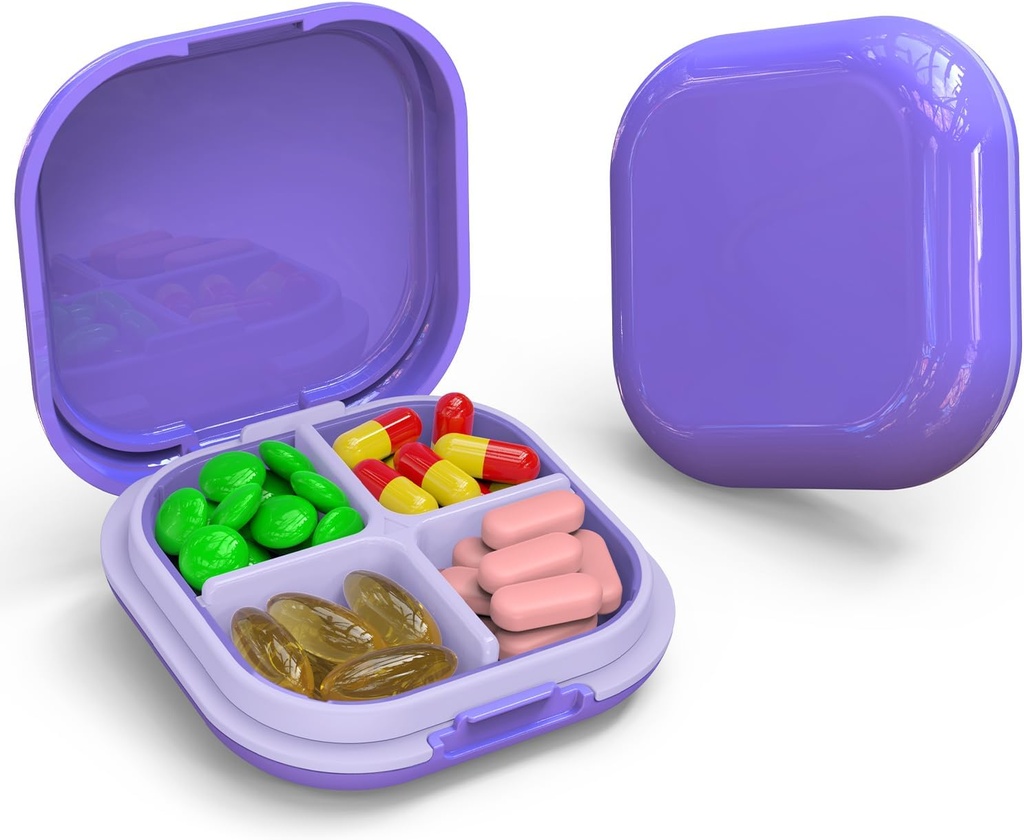 Daily PillPSKer 4 השוואתיות, Small Pill Box Portable Travel Pill Case, Mini Pill Container for Purse Pocket, קומפקטי Travel Medicine ארגן עבור ויטמין, Cod Liver Oil, תוסף (Purple)