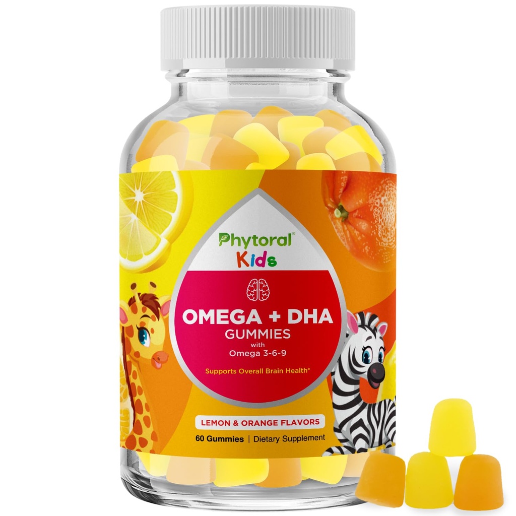 ילדים אומגה ו DHA מסטיקנים - Fatty Acids אומגה 3 6 9 עם ויטמין C עבור חזון - תזונה DHA לילדים עבור מערכת העצבים בריאה ותמיכה ממוקדת - דגים חינם - 60 הרוזן